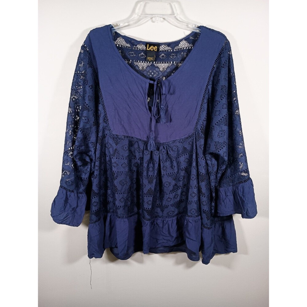 Lee Navy Blue Flutter 3/4 Sleeve Boho Cottagecore Lace Tank Plus Size Top 3X